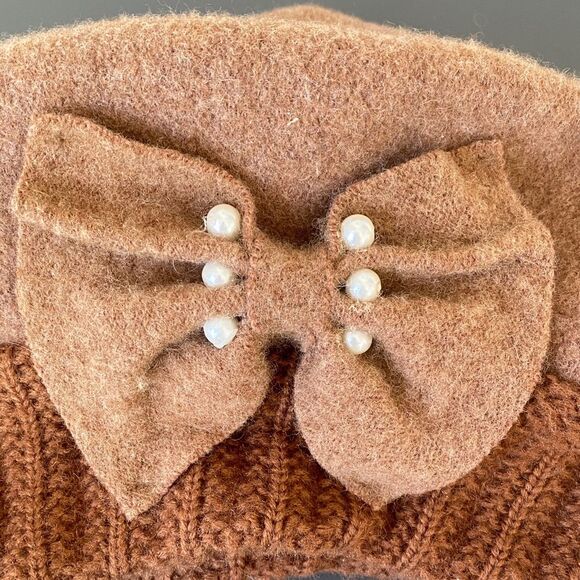 Vintage Tan Wool Beret Bow w/ Pearls Design OS Preppy Retro Girly main image 5
